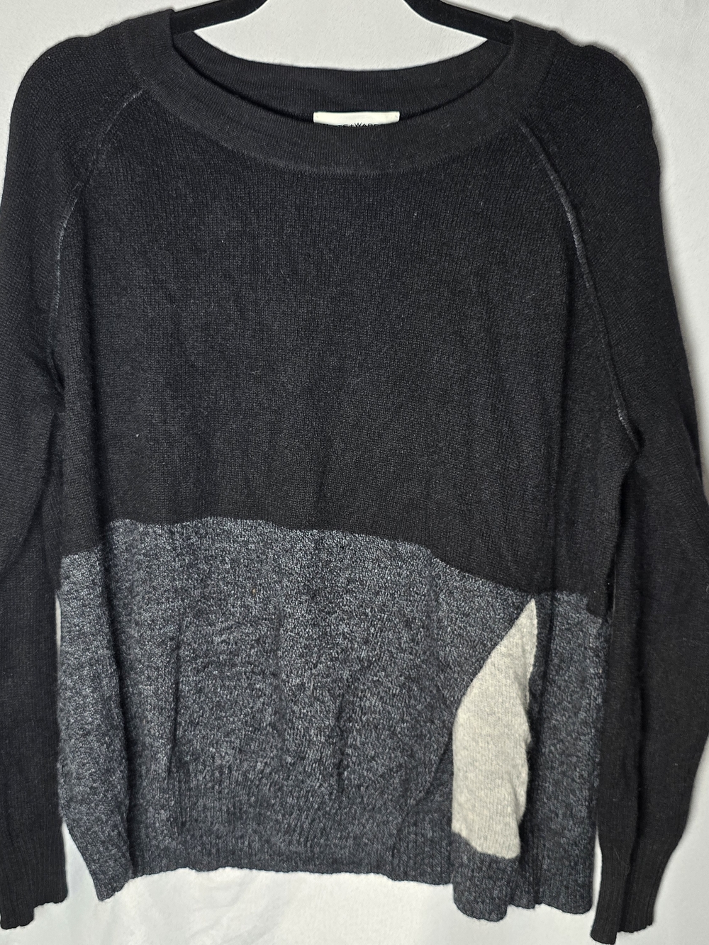 White + Warren 100% Cashmere Black, Gray & Cream Colorblock Crewneck Sweater